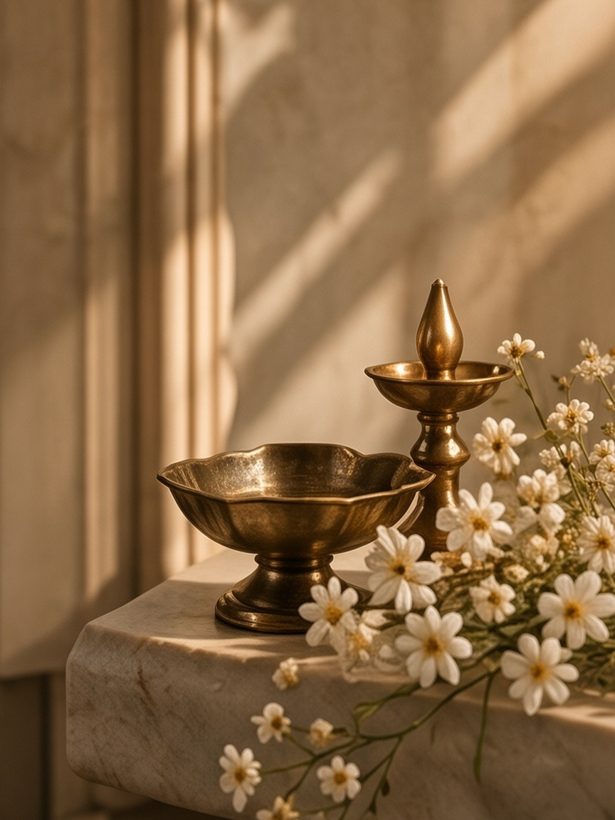 Brass diyas and white flowers in warm window light