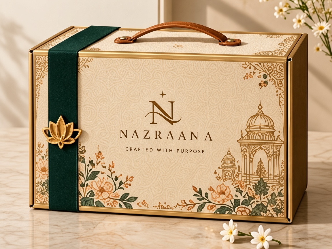 Nazraana gift hamper with a green ribbon and lotus clasp