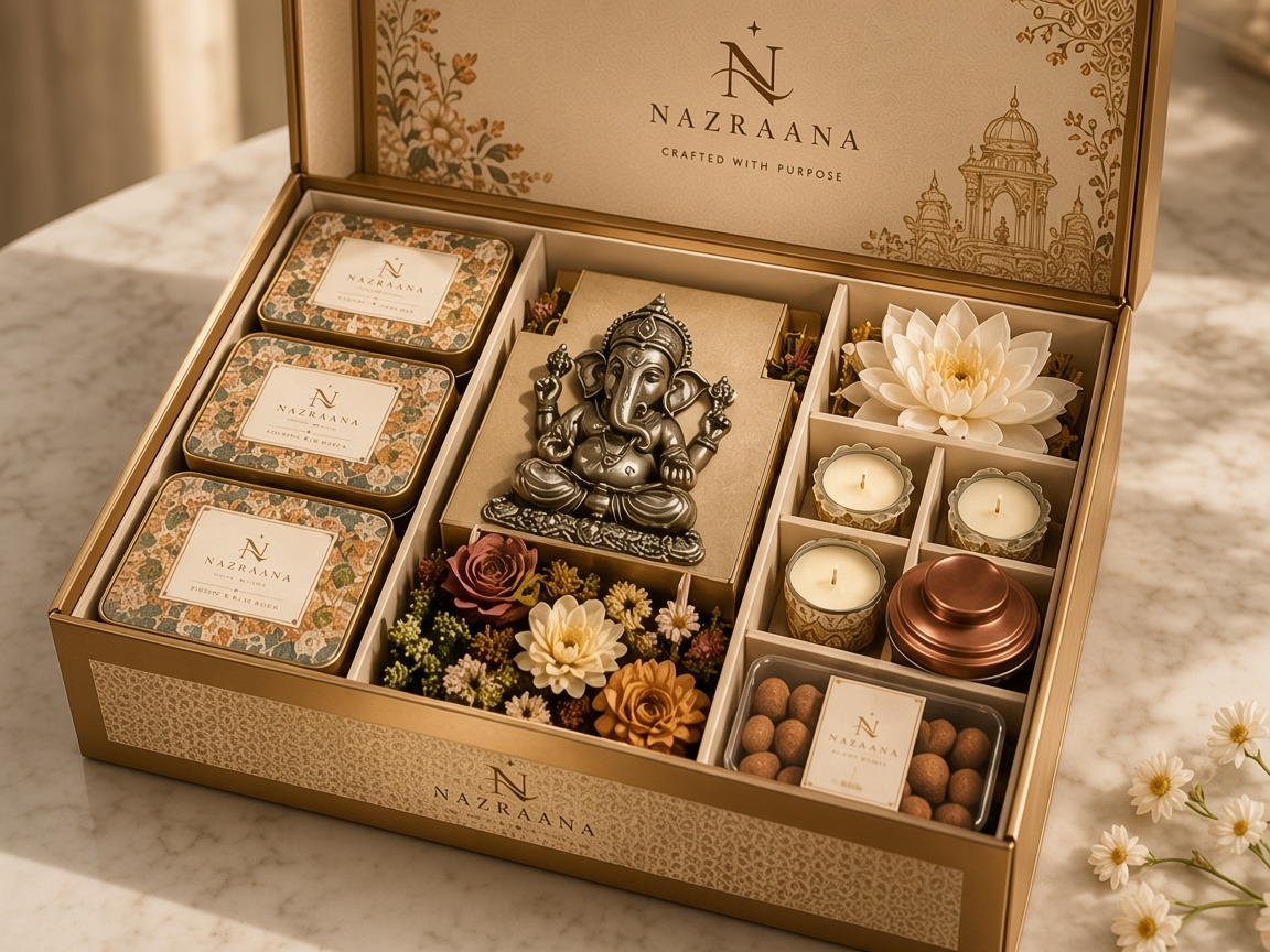 An open Nazraana hamper with tins, a keepsake, candles, flowers and sweets