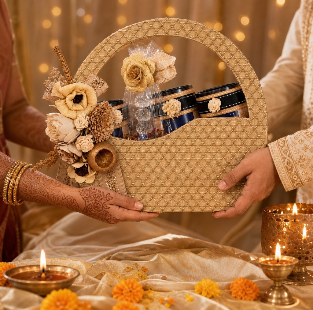 A gold Nazranaa basket being given